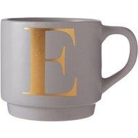 Orsina Pink E Letter Mug For Hot Beverages, Porcelain Cup With Gold E Detail, Reusable Mug With Curved Handle in Grey