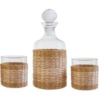 Orsina Rattan Wrapped Glass Decanter & Glasses Set, 1000ml Decanter With Round Knob Stopper, Whiskey Decanter Set in Clear