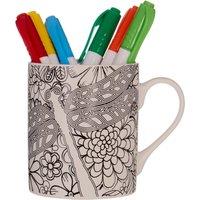 Orsina Dragonfly Colour In Mug, Bone China Mug With Dragonfly & Floral Design, Creative Mug Set With 6 Colouring Pens