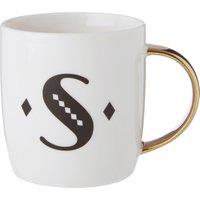 Orsina Modern Diamond Deco S Letter Monogram Mug, Coffee Cup With Gold Handle, Travel Mug With Smooth Glaze Surface