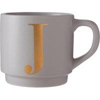 Orsina Porcelain Grey J Letter Mug With Etched Gold Detail, Grey Reusable Mug With Curved Handle, Everyday Coffee Cup