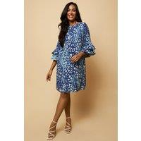 Petite Navy Animal Flute Sleeve Shift Dress