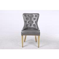 Modernique Set of 2 Luna Leather Aire Dining Chairs with Knocker, Stud & Golden Legs in Grey