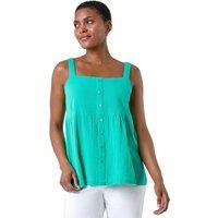 Roman Women's Cotton Button Through Shirred Vest Top in Green | Size: 12