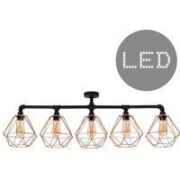 ValueLights 5 Way Satin Black Pipework Bar Ceiling Light with Copper Basket Cage Shades - With LED Filament Bulbs In Warm White