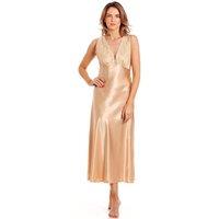 Lady Olga Women's English Made Long Satin Nightdress with Lace Built Up Shoulder in Gold | Size: 8-10