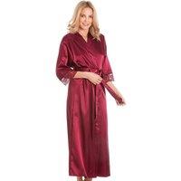Lady Olga Women's English Made Long Satin Dressing Gown With Lace Detail in Burgundy | Size: 18-20