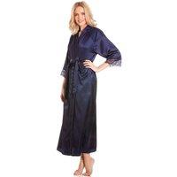 Lady Olga Women's English Made Long Satin Dressing Gown With Lace Detail in Navy | Size: 22-24
