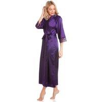 Lady Olga Women's English Made Long Satin Dressing Gown With Lace Detail in Purple | Size: 18-20