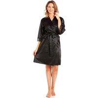 Lady Olga Women's English Made Short Satin Dressing Gown With Lace Detail in Black | Size: 18-20