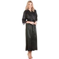 Lady Olga Women's English Made Long Satin Dressing Gown With Lace Detail in Black | Size: 14-16