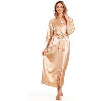 Lady Olga Women's English Made Long Satin Dressing Gown With Lace Detail in Gold | Size: 8-10
