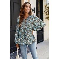 FS Collection Women's Floral Print long sleeve Blouse Top In Blue | Size: Small