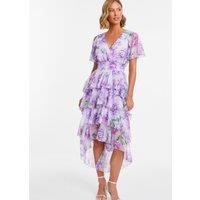 Purple Floral Chiffon Frill Dip Hem Dress