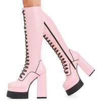 Lamoda Women's Hidden Agenda PinkPU Creeper Platform Knee High Boots Comfortable in Pink | Size: 6