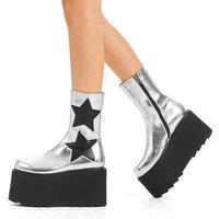 Lamoda Women's Big Shot Silver Chunky Platform Ankle Boots Stylish Comfortable | Size: 5