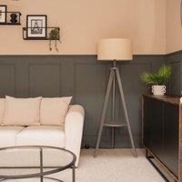 ValueLights Morrigan Grey Wood Tripod Floor Lamp with Fabric Drum Lamp Shade in Natural