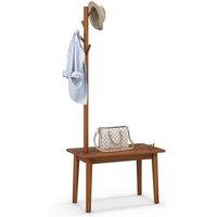 Costway Solid Wood Coat Tree 2-in-1 Freestanding Hanger Stand End Table with Coat Rack in Brown