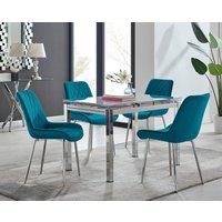 FurnitureboxUK Enna White Glass Extending 4-6 Seater Dining Table & 4 Pesaro Soft Velvet Chairs in Blue