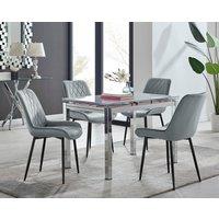 FurnitureboxUK Enna White Glass Extending 4-6 Seater Dining Table & 4 Pesaro Soft Velvet Chairs in Grey