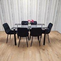 KOSY KOALA Black Clear Glass Dining Table With 6 Black Tufted Velvet Chairs Kitchen Dining Set | Size: 140 cm x 80 cm