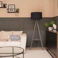 ValueLights Morrigan Grey Wood Tripod Floor Lamp with Fabric Drum Lamp Shade in Dark Navy