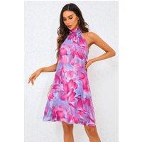 FS Collection Women's Abstract Floral Print Halter Neck Tie Back Mini Dress In Pink | Size: XL