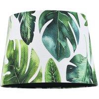 Palm Leaf Themed 25cm Drum Lampshade in Green and White Linen Fabric with Lining