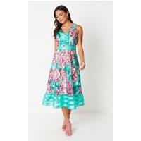 Printed Stripe Organza Panelled Skirt Midi Dress