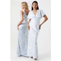 Printed Batwing Sleeve Satin Bridesmaid Maxi Dress