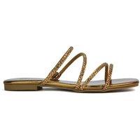 XY London Women's 'Kiki' Flat Diamante Slider Sandal Shoes With Square Toe in Metallic Gold | Size: 3