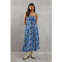 Ruched Bust Postcard Print Strappy Midi Sundress