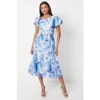 Organza Asymmetric Neck Puff Sleeve Midi Dress