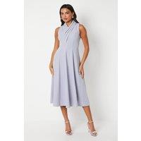 Crepe Pleat Collar Full Skirt Midi Dress