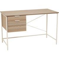 Premier Housewares Natural Oak Veneer Writing Desk With Drawers, Office Table, Sleek White Metal Frame Desk, Storage Workstation in Grey
