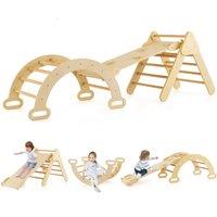 Costway 3-in-1 Triangle Climbing Set Wooden Toddler Climber with Reversible Ramp Arch in Natural