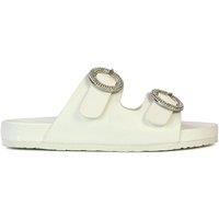 XY London Women's 'Reggie' Slip On Flat Sandals Sliders With Double Strap Diamante Buckle in White | Size: 4