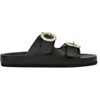 XY London Women's 'Reggie' Slip On Flat Sandals Sliders With Double Strap Diamante Buckle in Black | Size: 6