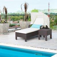 Patio Rattan Lounge Chair Chaise w/ Side Table Outdoor Recliner w/ Folding Canopy & Pillow