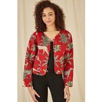 Yumi Women's Red Animal Print Reversible Cotton Cropped Quilted Jacket | Size: 10