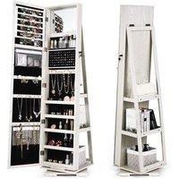 Costway 3-in-1 Rotating Mirrored Jewelry Armoire Freestanding Lockable Large Capacity Jewelry Organizer w/ Makeup Mirror in White