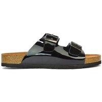 XY London Women's 'Star' Double Strap Buckle Up Summer Slip On Flat Sandals in True Black | Size: 4