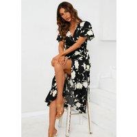 FS Collection Women's Printed Angel Sleeve Wrap Dress in Black | Size: XS