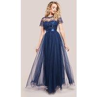 Goddiva Women's Embroidered Mesh Maxi Dress in Navy | Size: 10