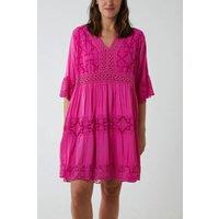 HOXTON GAL Women's Oversized 3/4 Sleeves Lace Detailed V Neck Mini Dress in Fuchsia