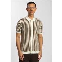 Steel & Jelly Men's Tonal Stripe Knitted Button Polo Shirt in Light Brown | Size: Large