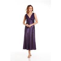 Lady Olga Women's English Made Long Satin Nightdress with Lace Built Up Shoulder in Purple | Size: 8-10