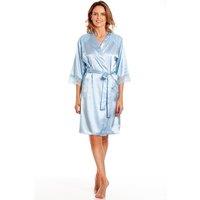 Lady Olga Women's English Made Short Satin Dressing Gown With Lace Detail in Pale Blue | Size: 8-10
