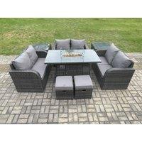 Fimous 8 Seater Outdoor Rattan Furniture Garden Dining Set Gas Fire Pit Table with Side Table Love Sofa 2 Small Footstools in Dark Grey