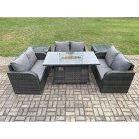 Fimous Rattan Outdoor Garden Furniture Sofa Set Gas Fire Pit Dining Table Gas Heater with 2 Side Tables Love Sofa Dark Grey Mixed